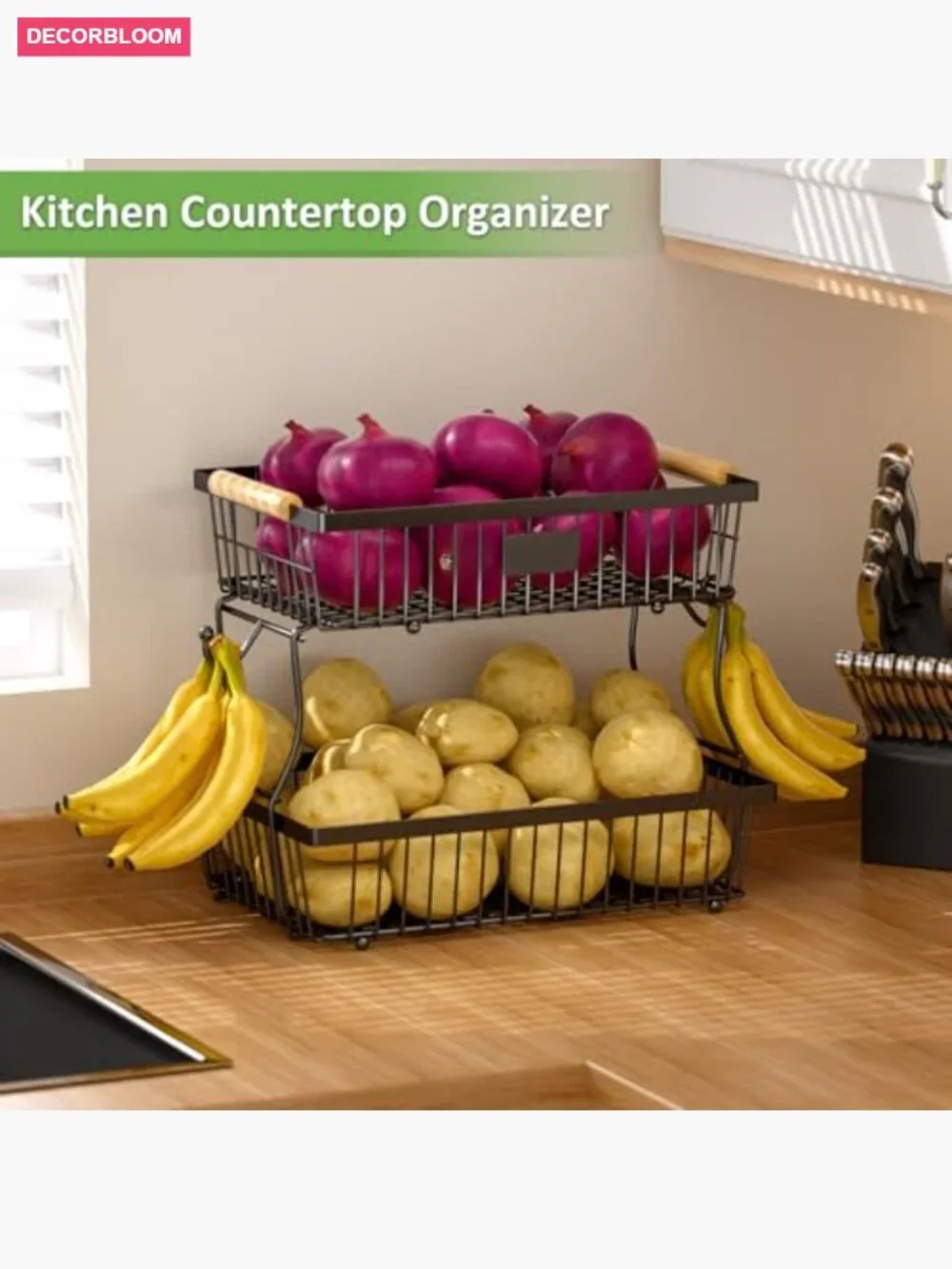 2 Tier Fruit Basket with Banana Hangers, Countertop Metal Storage Stand